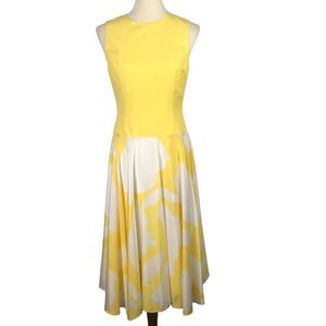J Peterman Silk Blend Drop Waist Midi Retro Dress Yellow Solid/Print Size 2